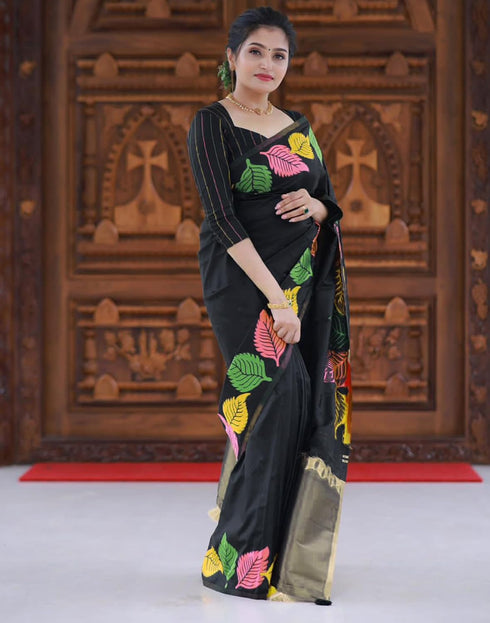 Vasthrlay Womens Jacquard Black Multi Saree With Unstitched Blouse Piece