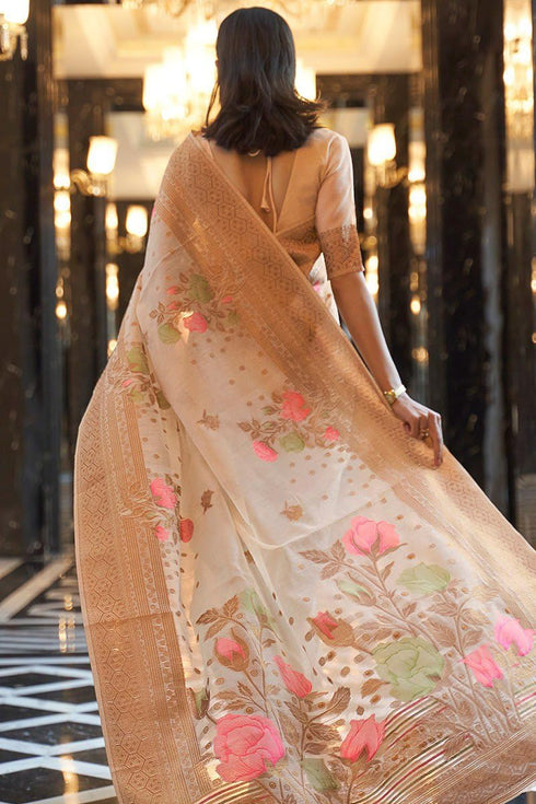 Vasthrlay Off White Banarasi Saree