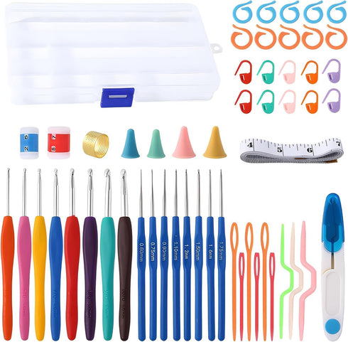 52 Piece Crochet Hook Set, 16 Sizes 0.6mm-8mm (L), Ergonomic Soft Plastic Handle