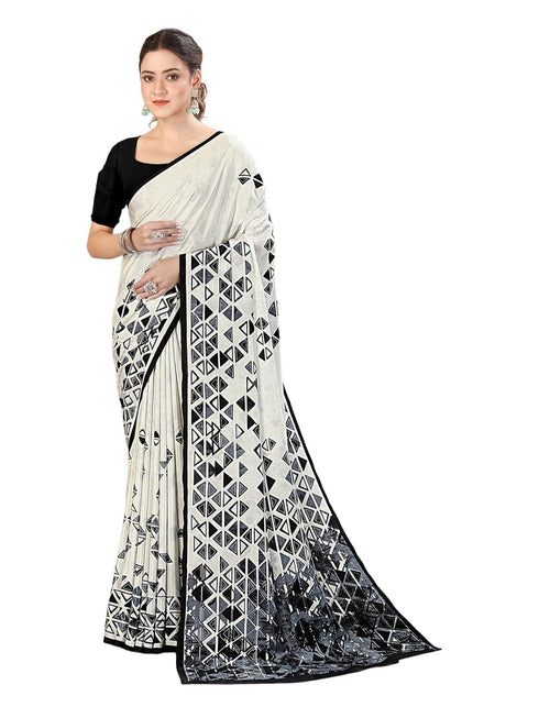 Vasthrlay Womens Printed White And Black Saree With Unstitched Blouse Piece