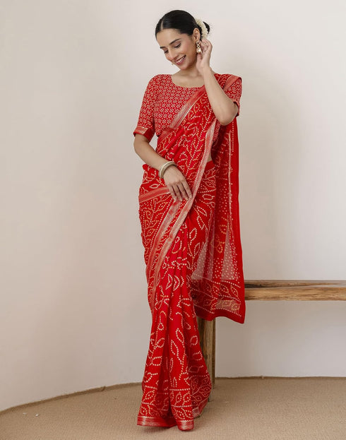Vasthrlay Georgette Bandhani Saree With Red Unstitched Blouse Piece