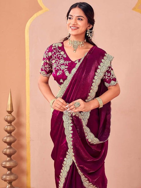 Vasthrlay Sequins Embroidery Unstitched Purple Saree
