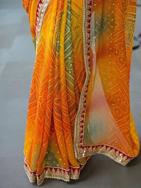 Vasthrlay Bandhani Embroidery Yellow Saree