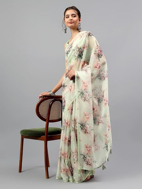 Vasthrlay Green1 Sheer Floral Printed Art Chiffon Saree With Unstitched Blouse