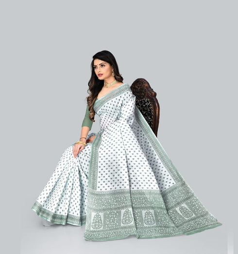 Vasthrlay Cotton Blue White Saree
