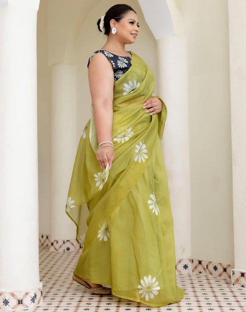 Vasthrlay Chanderi Printed Unstitched Blue Saree