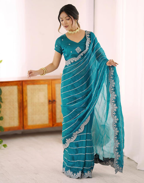 Vasthrlay Scalloped Embroidery Unstitched Lime Green Saree
