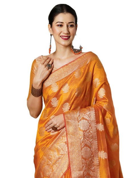 Vasthrlay Banarasi Kanjivaram Unstitched Orange Saree