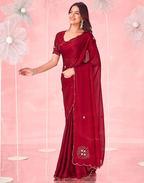 Vasthrlay Womens Scalloped Unstitched Maroon Saree