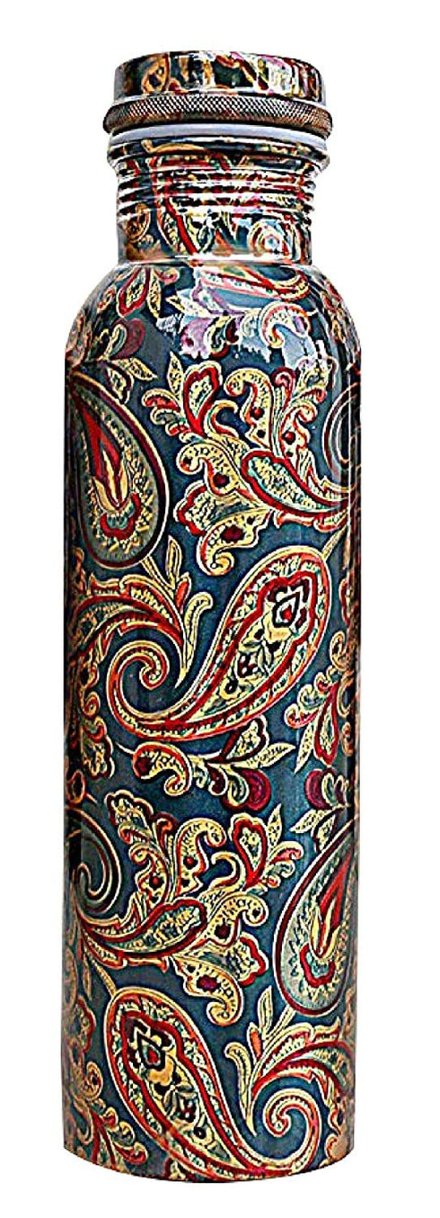 Copper Water Bottle, 1000ml, Set of 1, Green Print