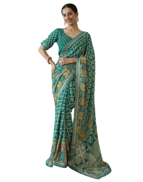 Vasthrlay Georgette Bandhani Teal Green Saree With Unstitched Blouse Piece