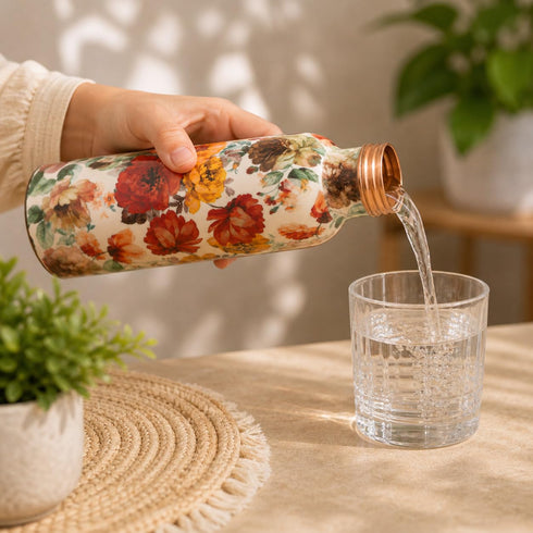 Pure Copper Water Bottle White Base Floral 1000 ml
