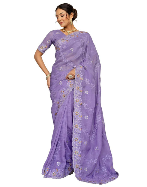 Vasthrlay Embroidery Scalloped Unstitched Maroon Saree