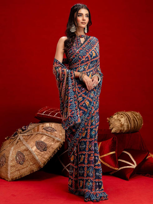 Vasthrlay Sequins Embroidery Orange Saree