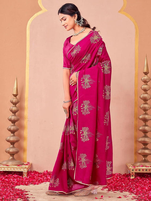 Vasthrlay Vichitra Printed Unstitched Maroon Saree