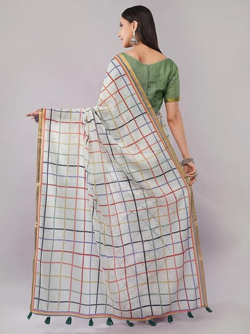Vasthrlay White Checkered Printed Linen Saree With Green Solid Linen Unstitched Blouse Piece