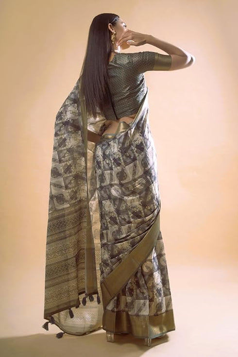 Vasthrlay Slate Grey Patchwork Print Polyester Saree With Zari Border And Unstitched Blouse Piece