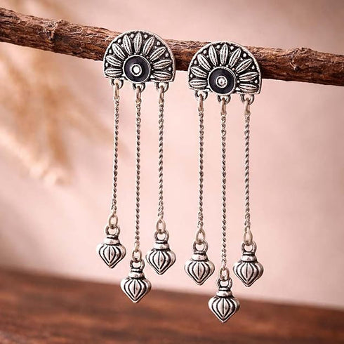 Voylla Oxidised Silver-Plated Mandala Half Moon Tassel Earrings for Women & Girls