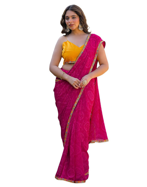 Vasthrlay Georgette Bandhani Rani Pink Saree With Yellow Unstitched Blouse Piece