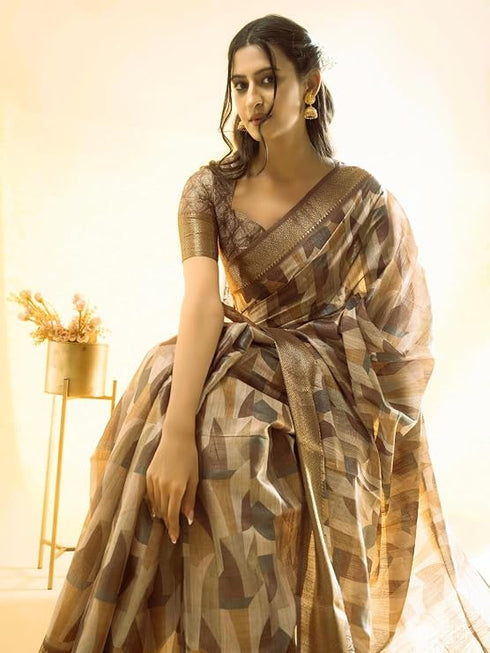 Vasthrlay Earthy Grey Abstract Print Polyester Saree With Zari Border And Unstitched Blouse Piece