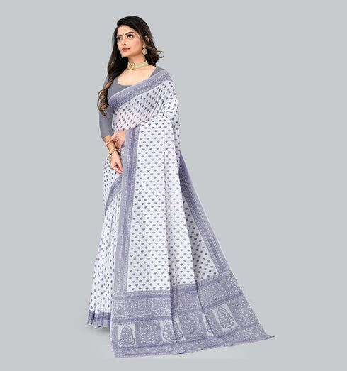 Vasthrlay Cotton Blue White Saree