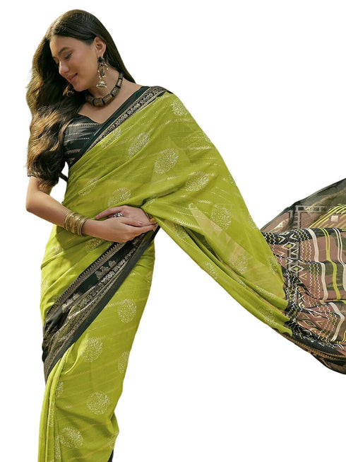 Vasthrlay Georgette Printed Parrot Green Saree With Unstitched Blouse Piece