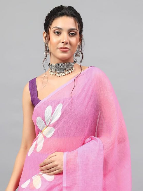 Vasthrlay Pink Linen Floral Printed Saree With Solid Unstitched Linen Blouse Piece