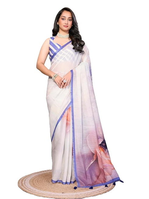 Vasthrlay White4 Womens Linen Ready To Wear Saree