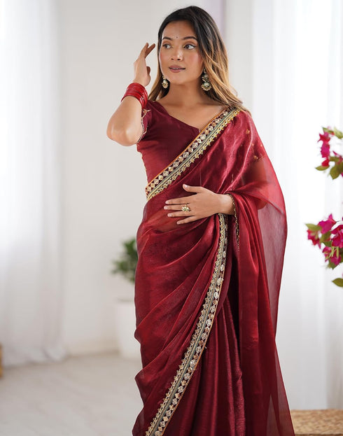 Vasthrlay Shimmer Chiffon Unstitched Maroon Saree