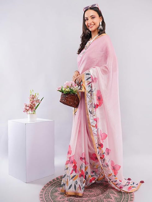 Vasthrlay Pink1 Chevron Printed Linen Saree With Unstitched Blouse