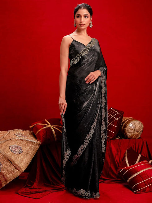 Vasthrlay Shimmer Scalloped Unstitched Maroon Saree