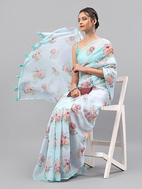 Vasthrlay Blue1 Floral Printed Organza Saree With Unstitched Blouse