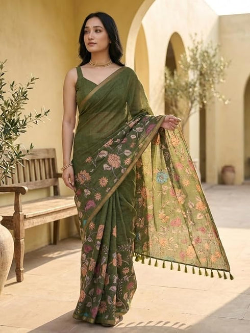 Vasthrlay Multicolour Floral Linen Saree With Solid Black Unstitched Blouse