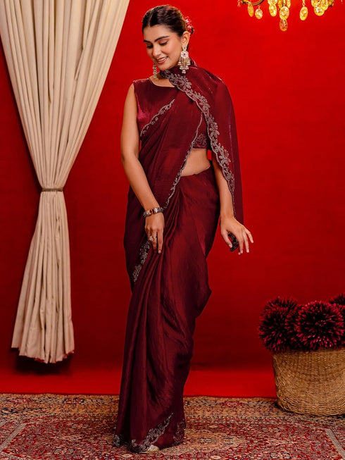 Vasthrlay Shimmer Scalloped Unstitched Maroon Saree