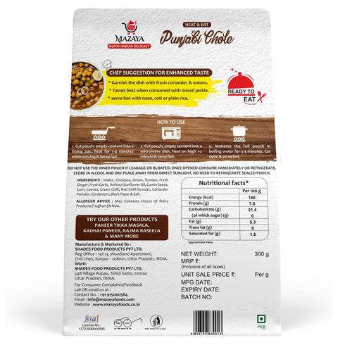 MAZAYA Heat & Eat Fully Cooked Ready to Eat Punjabi Chole with No Added Preservatives