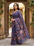 Vasthrlay Purple Floral Linen Saree With Solid Black Unstitched Blouse