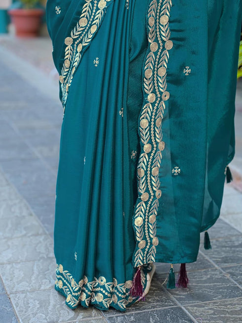 Vasthrlay Chinnon Embroidery Lime Saree
