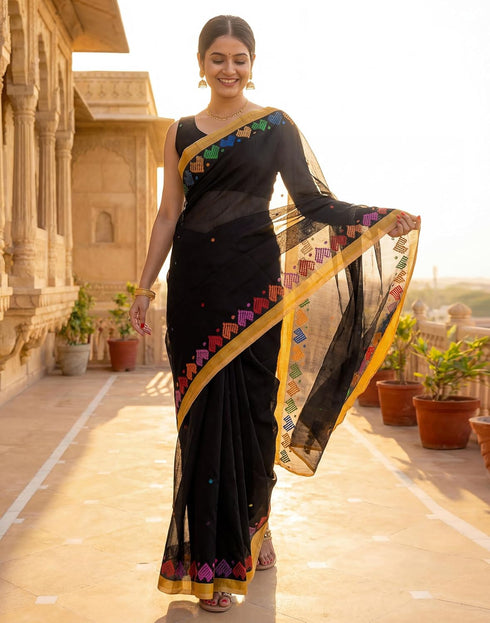 Vasthrlay Womens Printed Unstitched Peach Saree
