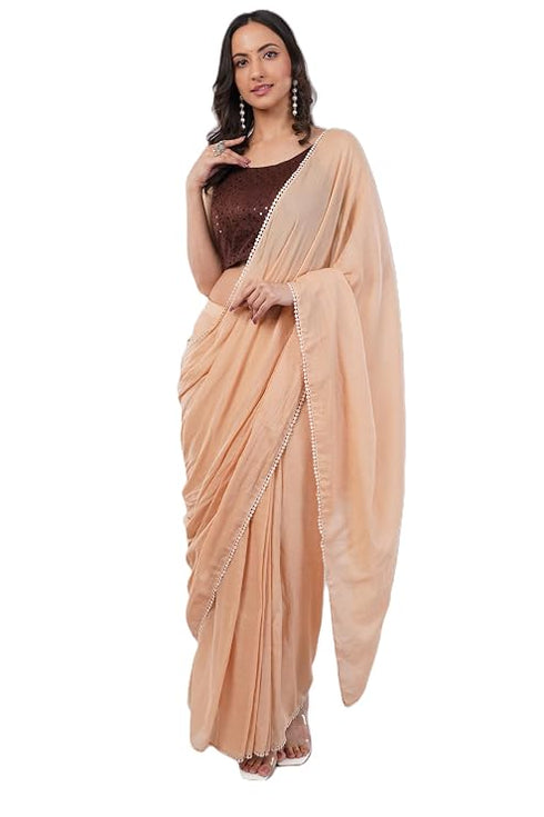 Vasthrlay Beige Plain Cotton Saree With Pocket And Unstitched Blouse Piece