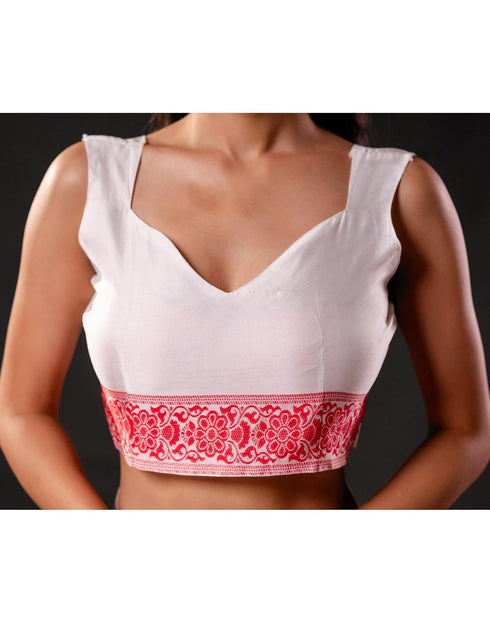Vasthrlay Womens Banarasi Red And White Saree With Unstitched Blouse Piece