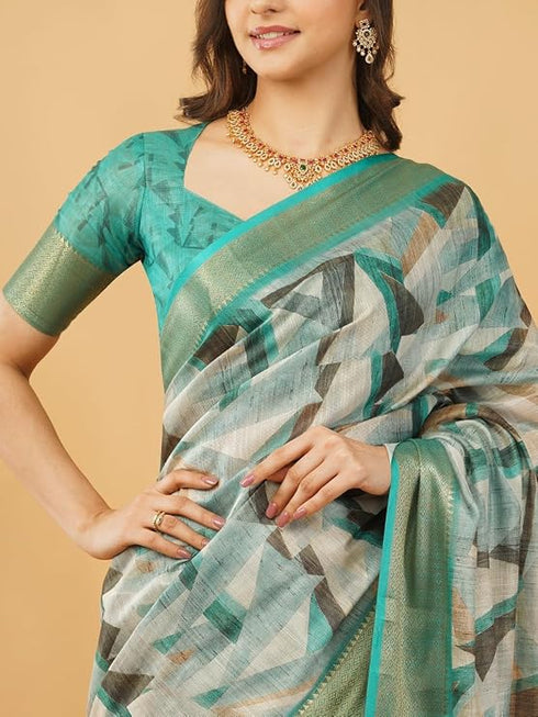 Vasthrlay Teal Green Geometric Print Polyester Saree With Dull Gold Zari Border And Unstitched Blouse Piece