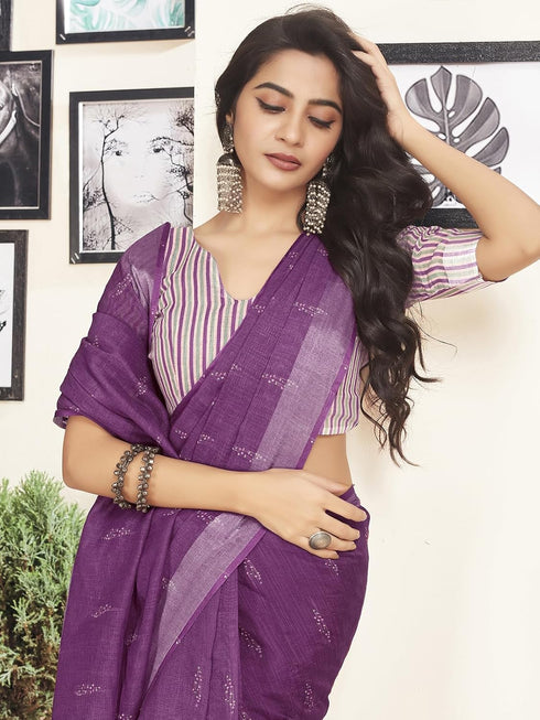 Vasthrlay Womens Printed Purple Saree With Unstitched Blouse Piece