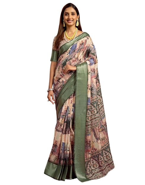 Vasthrlay Printed Jacquard Unstitched Rama Green Saree