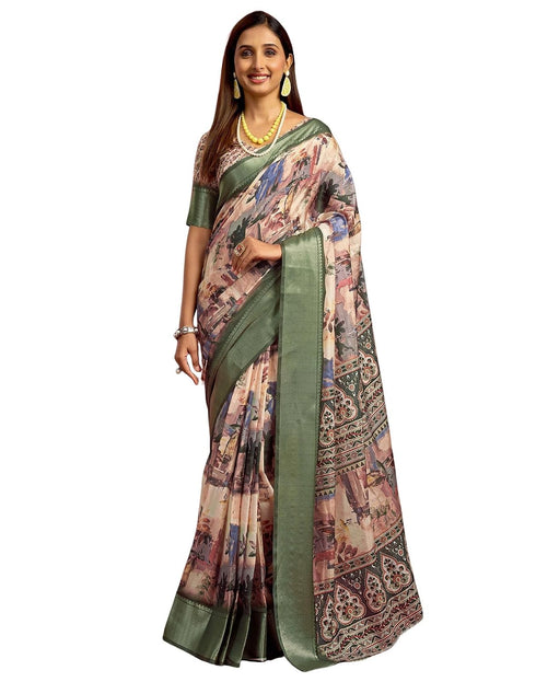 Vasthrlay Printed Jacquard Peach And Dusty Green Saree With Unstitched Blouse Piece