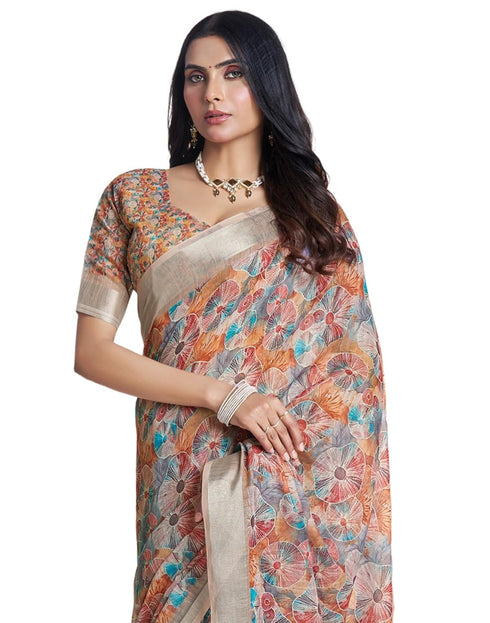 Vasthrlay Womens Printed Unstitched Cream Saree