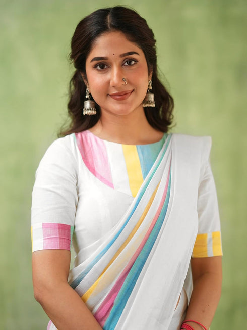 Vasthrlay Handloom Unstitched White Ethnic Wear
