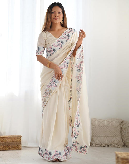 Vasthrlay Embroidery Scalloped Unstitched Off White Saree