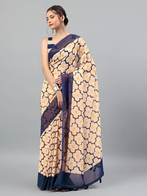 Vasthrlay Peach Brown Faux Georgette Ethnic Geometric Printed Saree With Unstitched Blouse