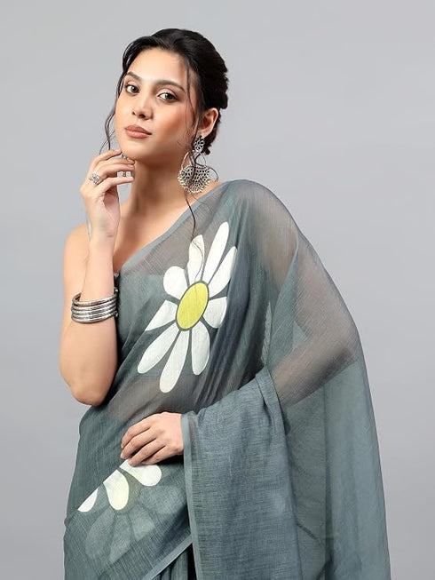 Vasthrlay Grey Linen Floral Printed Saree With Solid Unstitched Linen Blouse Piece