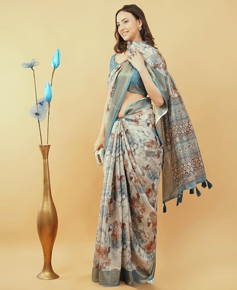 Vasthrlay Blue1 Polyester Saree With Unstitched Blouse Piece